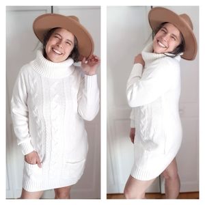 Unbranded White Cowl Neck Cable Knit Sweater Dress Large
